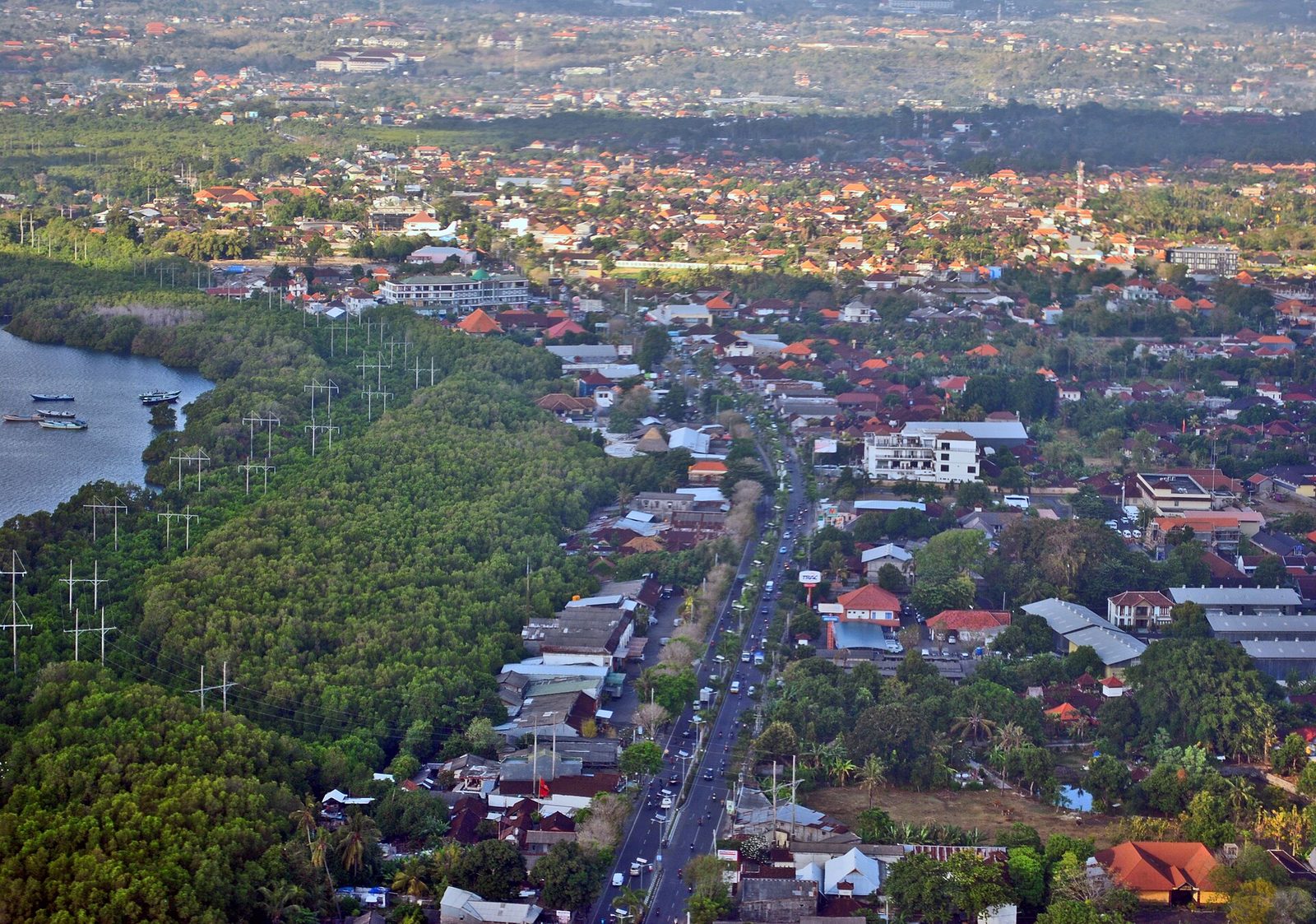 Aerial view of the Ngurah Rai Bypass running through south Bali beside mangroves