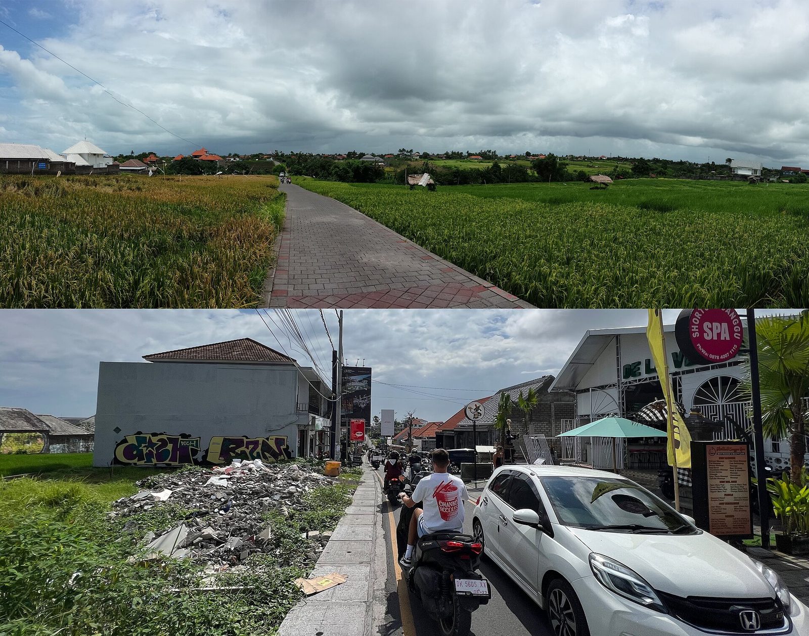 The same Canggu shortcut in 2013 among rice fields and in 2023 lined with buildings and parked cars