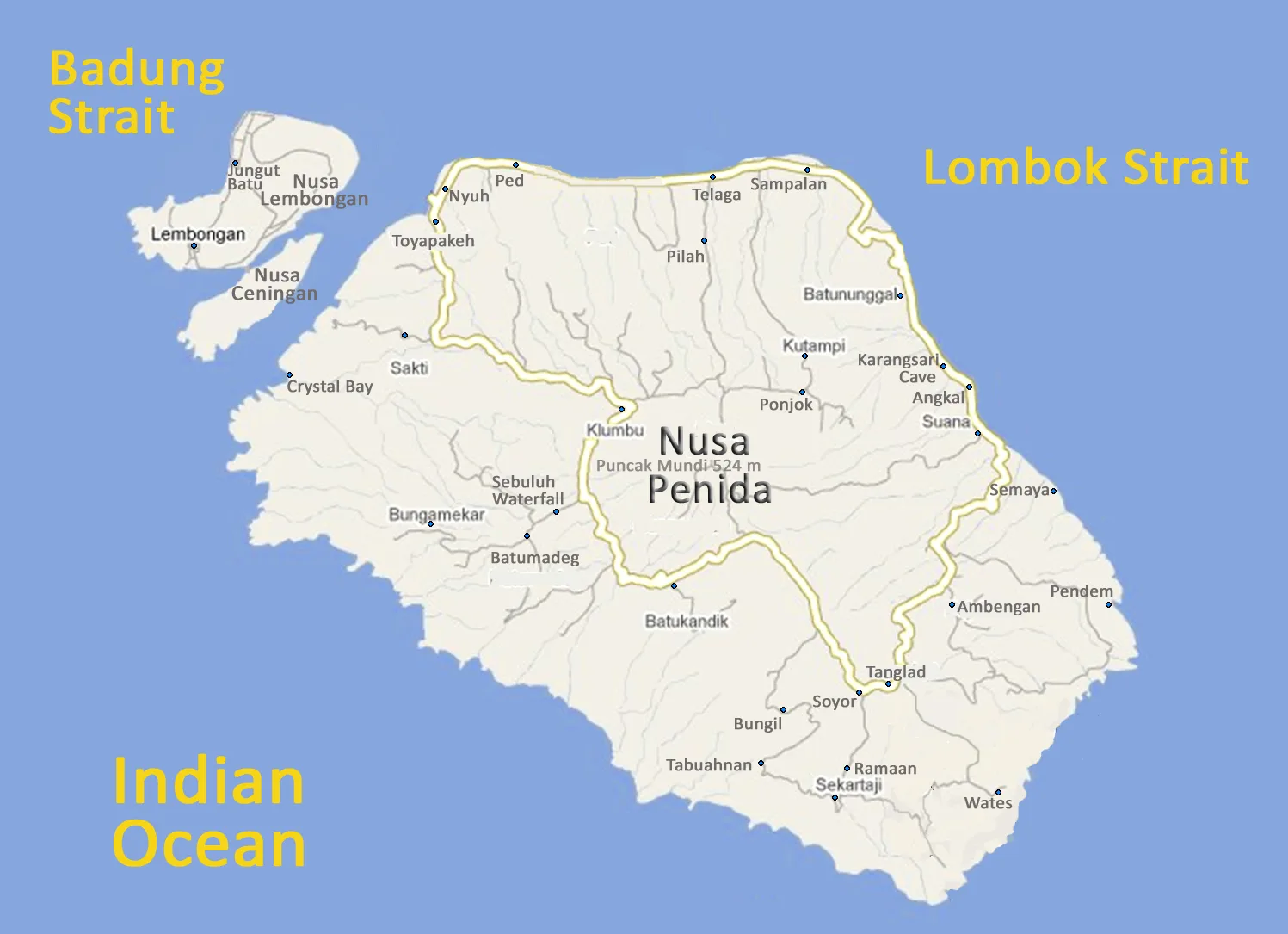 Map showing the main areas, roads, and coastline of Nusa Penida