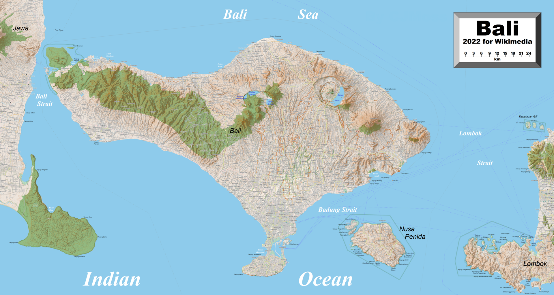 Vue OpenStreetMap de Bali et des îles Nusa, y compris Nusa Penida