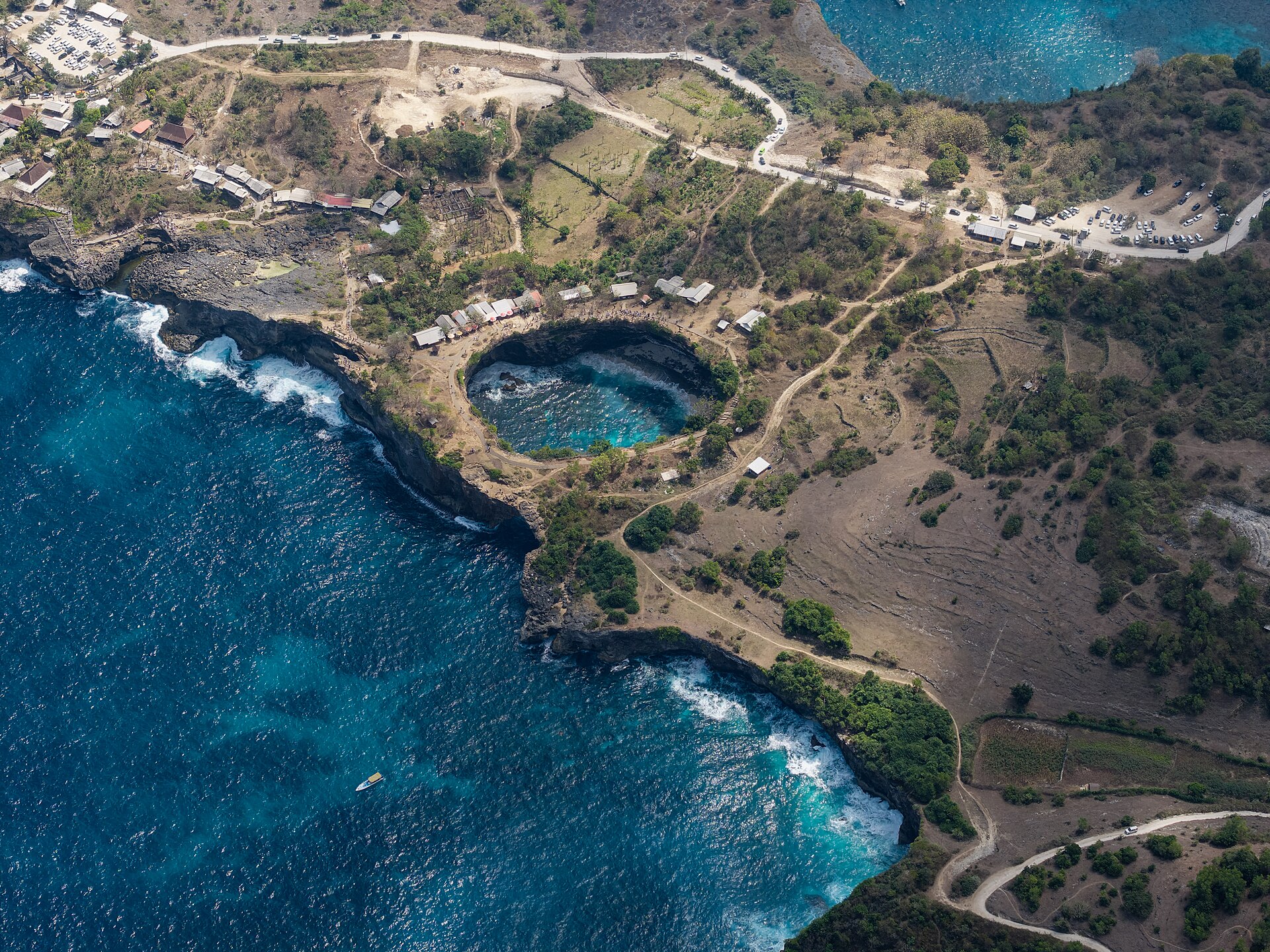 Aerial view of Broken Beach and the nearby Angel’s Billabong coastline