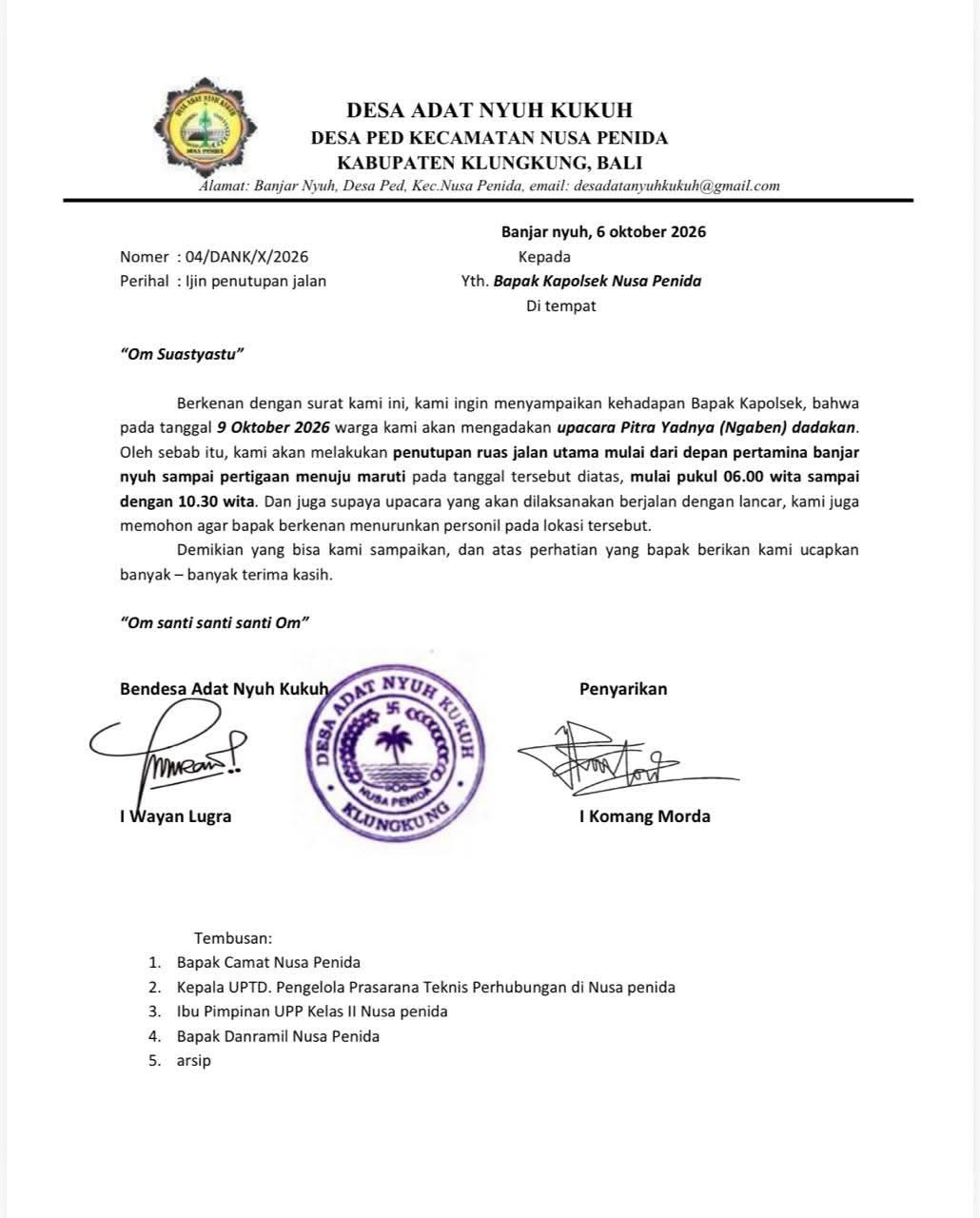Desa Adat Nyuh Kukuh letter dated 6 October 2026 requesting a Banjar Nyuh road closure on 9 October for Ngaben